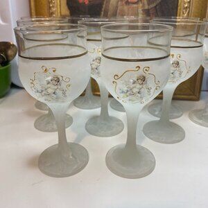 Pair CREAZIONI SILVESTRI ARTE MURANO CRYSTAL WINE GLASSES CHERUB ITALY 6.5”H